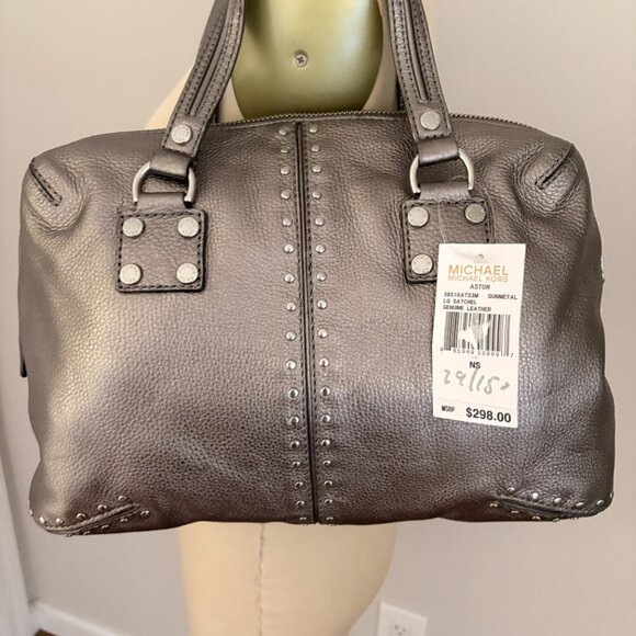 Michael Kors Leather Astor Studded Satchel Gunmetal Large Handbag - Picture 4 of 11